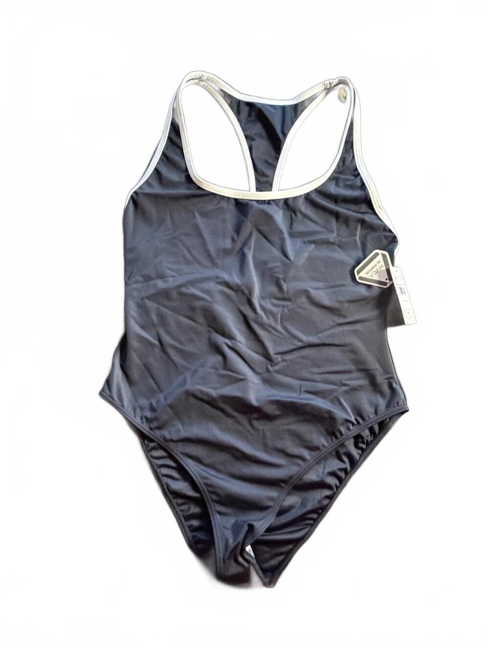 RVCA black w white trim binded cheeky coverage one piece swimsuit size L $90 NWT